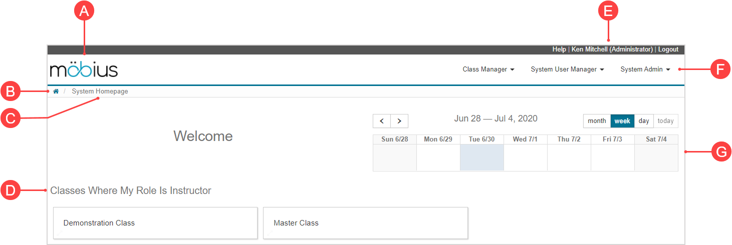 System Homepage with highlighted logo, home icon, page trail, list of classes, your name, menus and calendar.